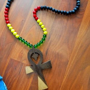 Handmade Ankh Beaded Necklace Chain Ebony Wood  Red Yellow Green Black